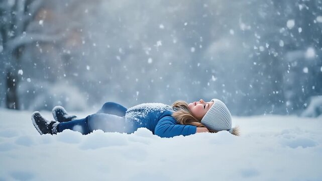 A young woman lies on her back in the snow catching snowflakes on her face happily outdoors.