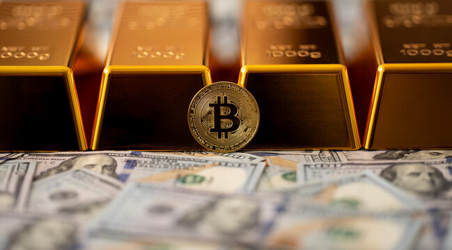 Bitcoin money and gold. Crypto investment with dollars, bitcoin, btc, and gold bars. Saving and earning cryptocurrency and financial trade. Digital wallet with bitcoin and cash. Virtual money concept. - Powered by Adobe