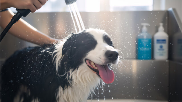 Happy border collie dog getting a bath at a grooming salon. Professional groomer washing a wet pet with a shower. Animal hygiene and pet care concept
