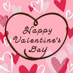 チョコレートのようなつやつやテクスチャーの文字が入ったハートがいっぱいのバレンタインカード　ベクターイラスト