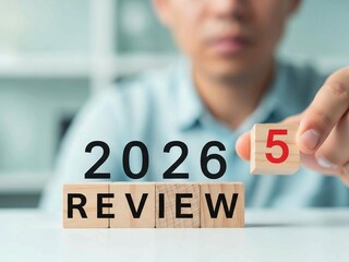 Business Review 2025 Turning Into 2026 on Wooden Blocks for Strategic Planning