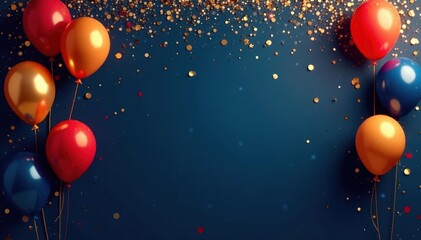 Elegant navy & gold backdrop; shimmering confetti, vibrant balloons , glitter, decor, celebration