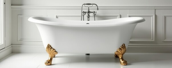 Elegant white porcelain bathtub, ornate gold claw feet, chrome faucet , refined, fixture