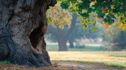 Fototapeta premium hollow. Ancient oak tree trunk hollow filled with morning dew, soft natural light and background. lifestyle magazines, social media lookbooks, designed for influencer and brand collaborations.