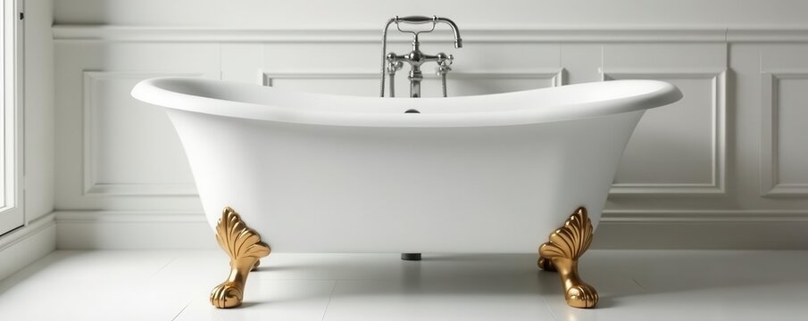 Elegant white porcelain bathtub, ornate gold claw feet, chrome faucet , refined, fixture