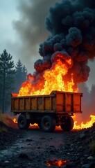 Flames engulf overflowing dumpster, black smoke billows , danger, uncontrolled fire