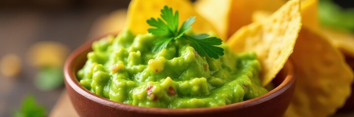 Freshly made guacamole, bright green, chunky, served with crispy tortilla chips , snack, food photography, healthy eating