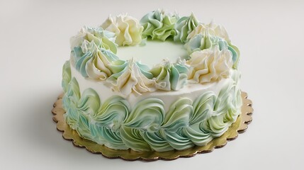 Decorated white cake with green and blue frosting swirls on gold plate green frosting swirl gold plate