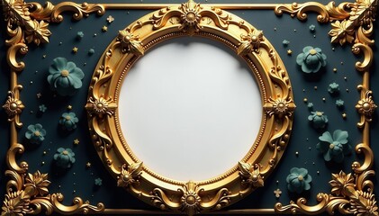 Gilded circular frame, intricate floral carvings Perfect for artistic display , element, pattern