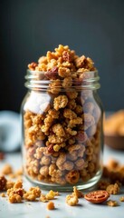 Glass jar filled with crunchy homemade granola, natural ingredients , natural ingredients, good for you, crunchy texture