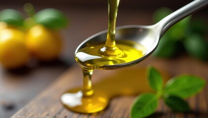 Golden olive oil flows from spoon, healthy kitchen ingredient , ingredient, kitchen