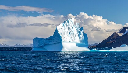 A majestic iceberg floats on the deep blue ocean beneath a partly cloudy sky, with rocky islands in the distance