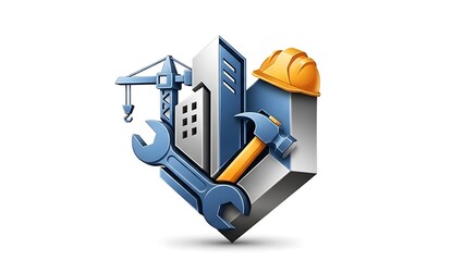 3D Construction and Engineering Icon Featuring Building, Crane, and Tools