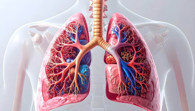 Anatomical Illustration of Human Lungs with Bronchi and Blood Vessels