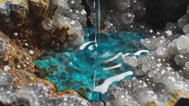 Teal liquid seeping from a cracked geode cavity with delicate ripples forming on the crystal surface
