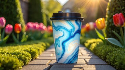 Blue and white marbled coffee cup on garden path with tulips