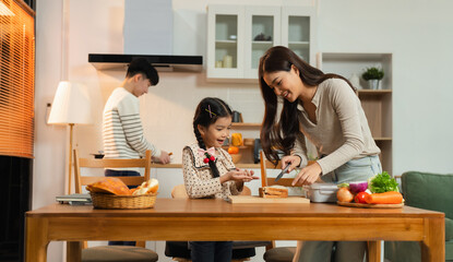 Family Asian spending happy time together on vacation, daughter homework on holiday.