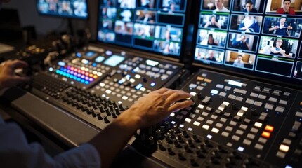 Multiple Video Feeds Monitored by a Director in a Live Broadcast Hybrid Meeting Control Room