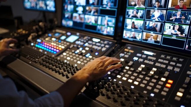 Multiple Video Feeds Monitored by a Director in a Live Broadcast Hybrid Meeting Control Room