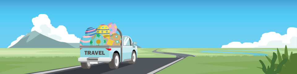Cute pastel blue pickup truck carrying giant colorful decorated Easter eggs. Driving on a winding road through a spring meadow with flowers under a sunny sky. Vector illustration holiday concept.