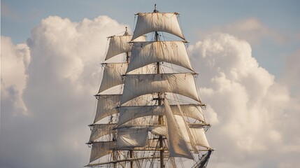 mast. The tall main mast of a sailing ship with billowed sails against a cloudy sky. mobility guides, transit brochures, designed for transport & logistics marketing, used by operations managers.