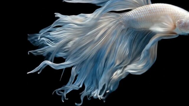 Elegant white betta fish with flowing fins on dark background