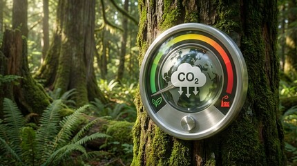 A,circular,metal,CO2,carbon,dioxide,gauge,mounted,on,a,mossy,tree,trunk,in,a,forest,with,a,needle,pointing,towards,the,green,zone,illustrating,successful,carbon,capture,and,climate,action.