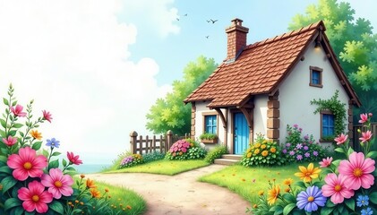 Charming cottage, blooming flowers, watercolor style , bloom, landscape
