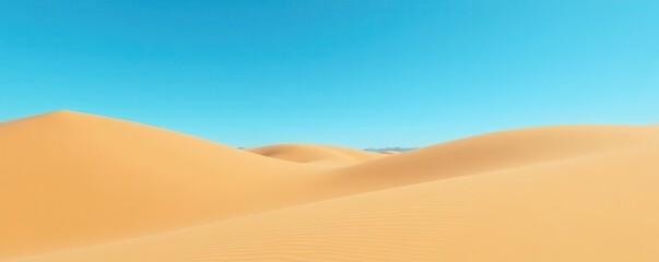 Clear blue sky above rolling sand dunes, minimalist style, arid, bright