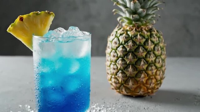 A vibrant, cool blue beverage, generously filled with ice cubes, glistens with refreshing condensation on its clear glass surface. A bright yellow pineapple slice elegantly garnishes the rim, adding a