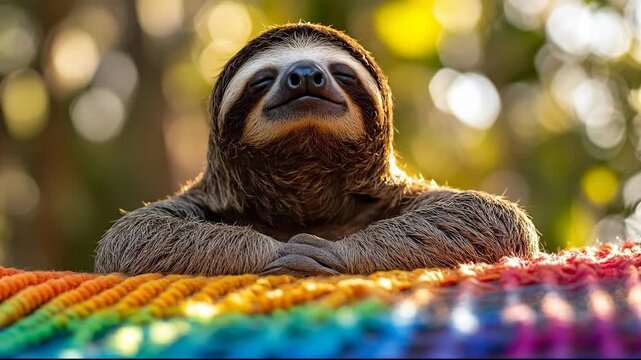 A relaxed sloth enjoying a colorful rainbow backdrop in nature.