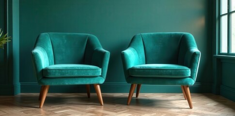 Elegant teal velvet chairs, tapered wood legs Modern style , space, commercial, office