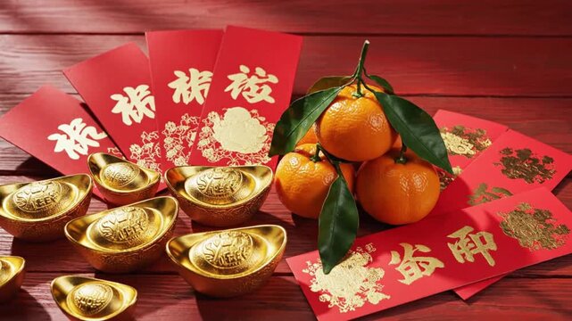 Red envelopes with gold characters golden ingots and fresh tangerines with green leaves arranged on a textured reddishbrown wooden surface