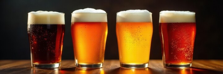 Four beer glasses, dark to light, frothy heads , foam, beer