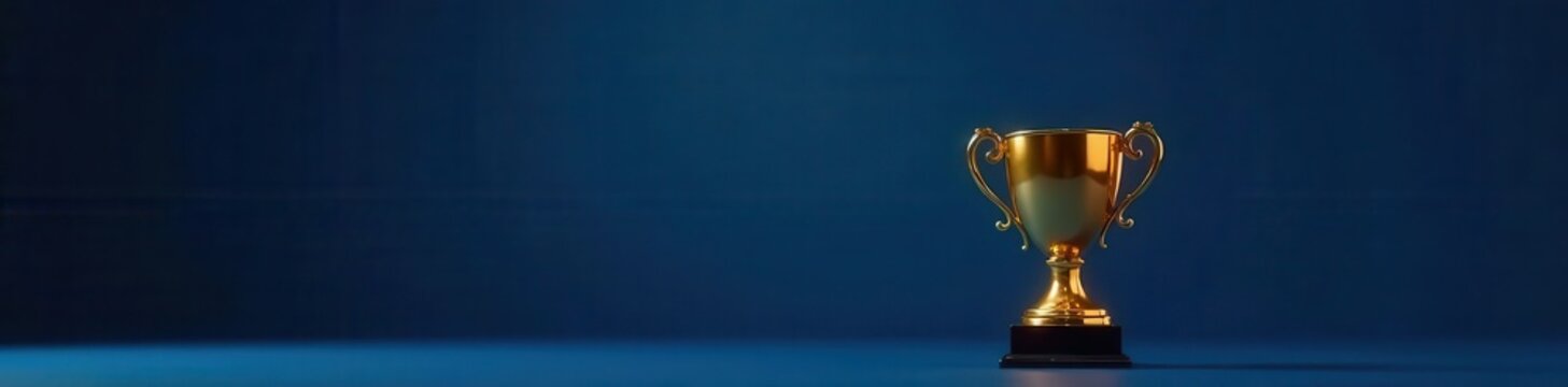 Gleaming gold trophy against deep blue backdrop , blue, dark, winning