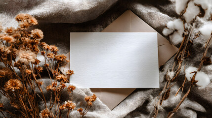A plain white card in an envelope with dried flowers on a brown fabric background. Illustration of a blank letter background.