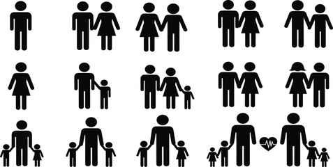 Diverse family silhouette icon set and domestic home interior scene with parents working, cleaning, and children playing in living room.