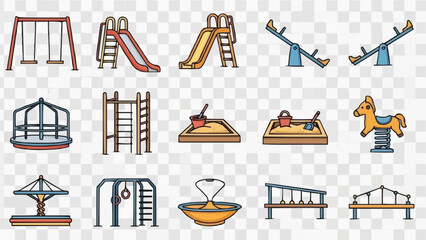 Collection of playground equipment icons on a transparent background.
