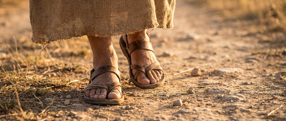 Naklejka premium Walking Feet of Jesus Christ on Dusty Path, Faith Journey Concept