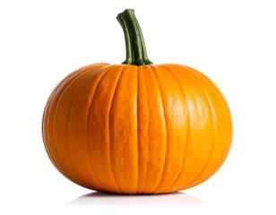 Obraz premium A ripe, orange pumpkin, with green stem, sits against a white background