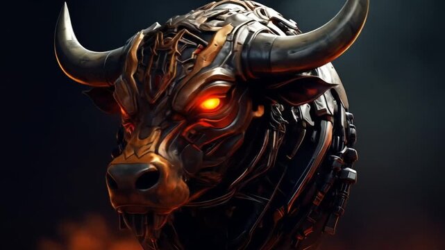 A robotic bull's head with glowing eyes, metallic textures, and curved horns against a dark background