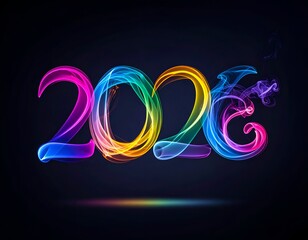 Colorful, smoky digits form "2026" on a black background, with a colorful glow