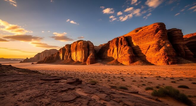 Large rock formations stand majestically in the desert landscape during a vibrant sunset viewed from a sandy vantage point.