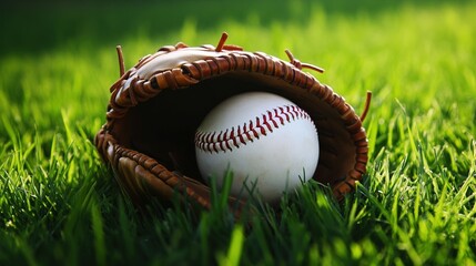 baseball. A white baseball in a brown leather glove on green grass. event programs, museum guides, designed for cultural heritage projects and event programs, supports education.