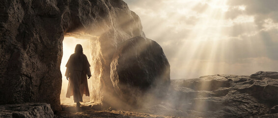 Fototapeta premium Jesus Resurrection Silhouette Leaving Empty Tomb with Heavenly Light Rays