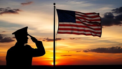 Silhouette of a soldier saluting the American flag at sunset, honoring veterans and patriotism.
