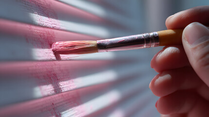 A watercolor brush with pink paint is applied to a white canvas with copy space for text. Illustration of a painting hobby background.