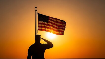Silhouette of a soldier saluting the American flag at sunset, honoring veterans and patriotism.