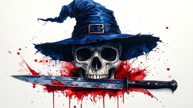 A skull in a blue wizard's hat with a dagger, all on a bloody white background