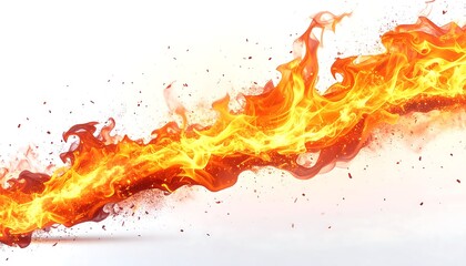 A vibrant stream of orange and yellow fire with glowing embers and sparks flowing dynamically across a white background.